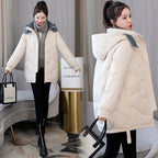 Mid-Length Contrast Color Hooded Down Jacket