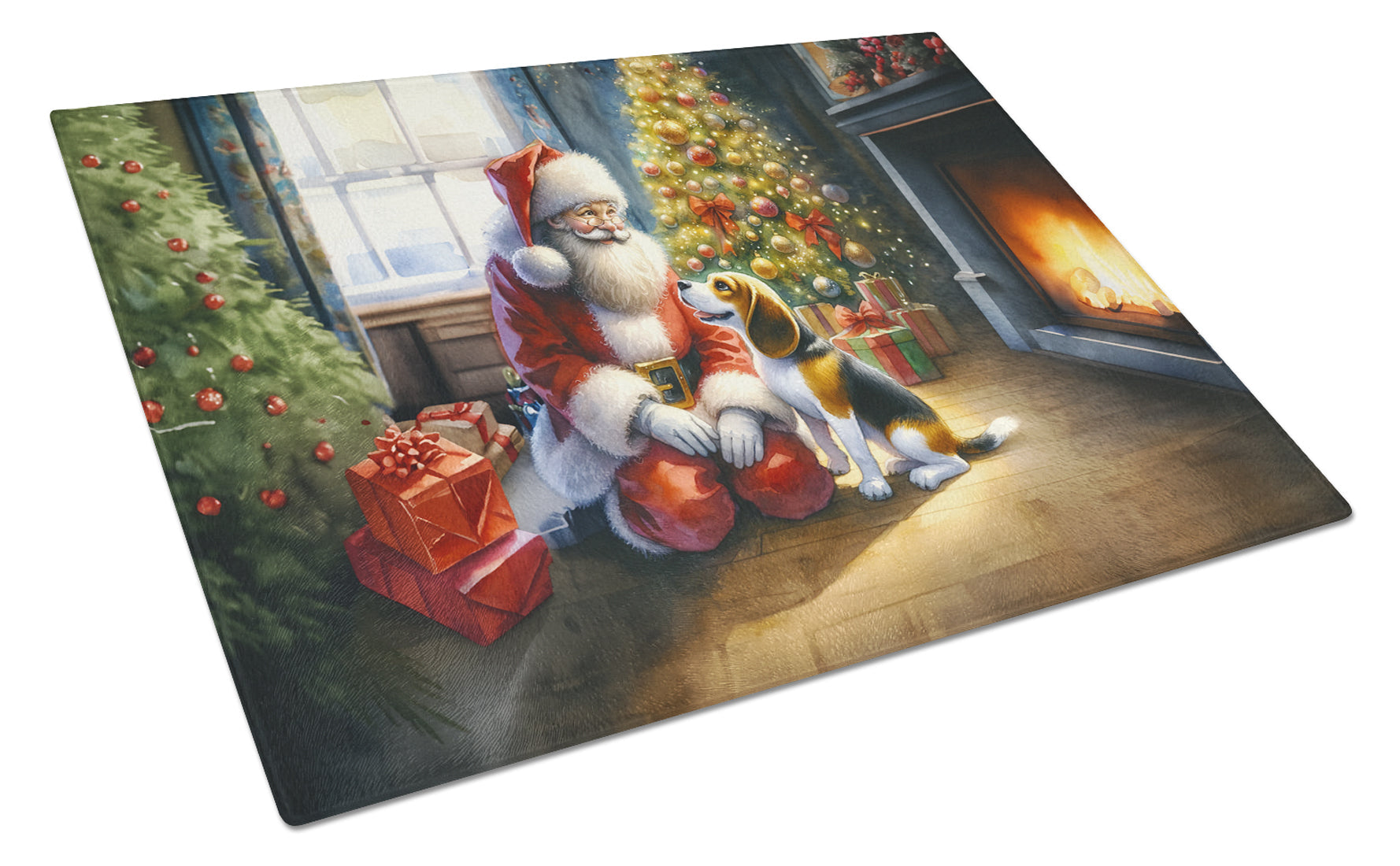 Beagle and Santa Claus Glass Cutting Board