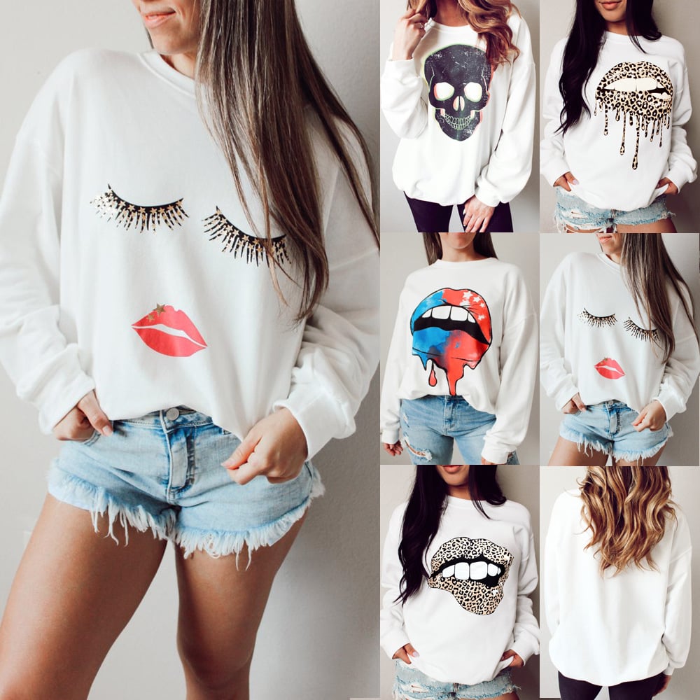 Loose Long Sleeve Sweatshirt with Lip Print Design | Streetwear