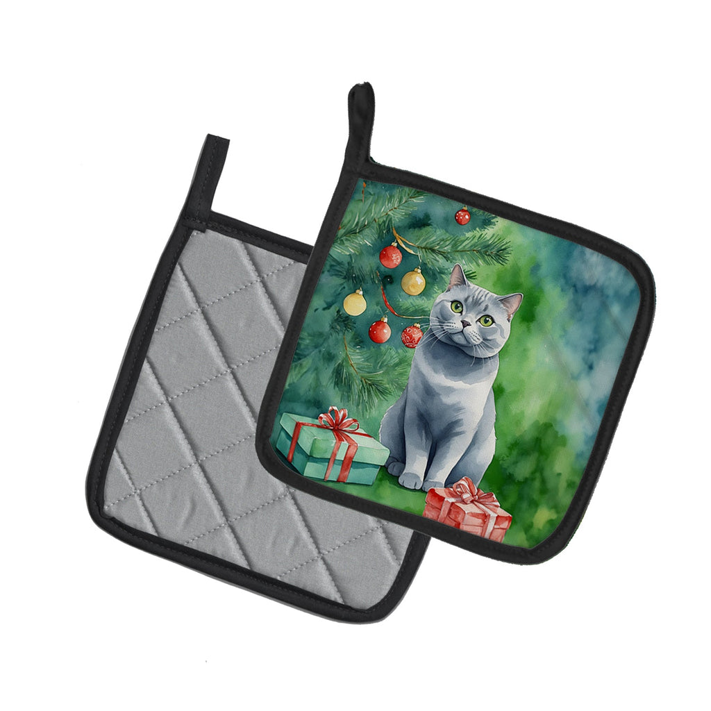 British Shorthair Cat By the Christmas Tree Pair of Pot Holders