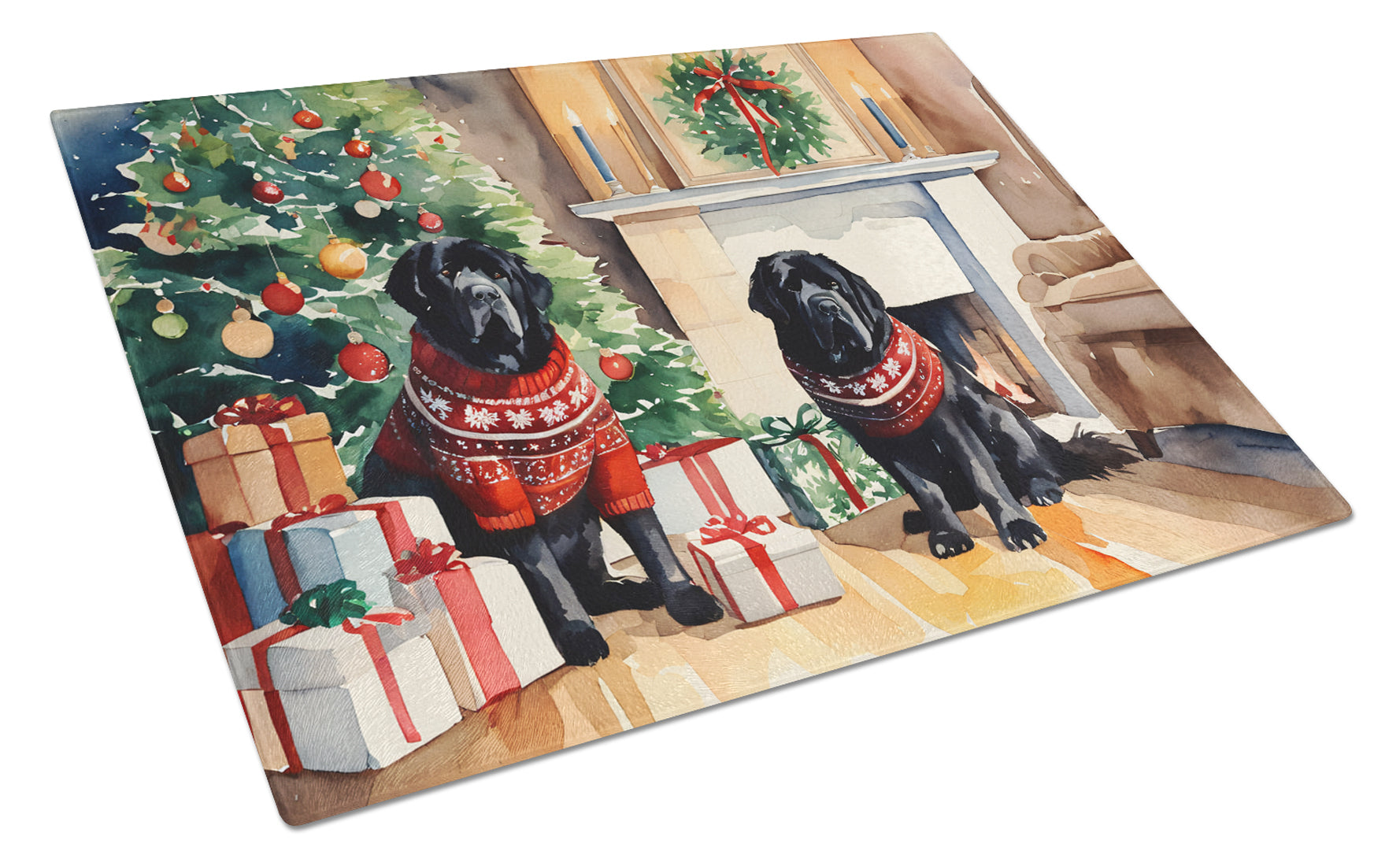 Tibetan Mastiff Cozy Christmas Glass Cutting Board