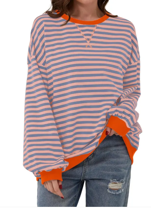 Loose Striped Long Sleeve T-shirt Casual Pullover Sweater For Womens Clothing | Streetwear