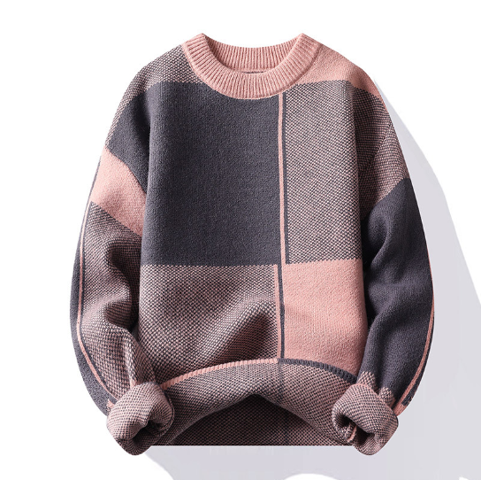 Men's Round Neck Thick Sweater with Geometric Design