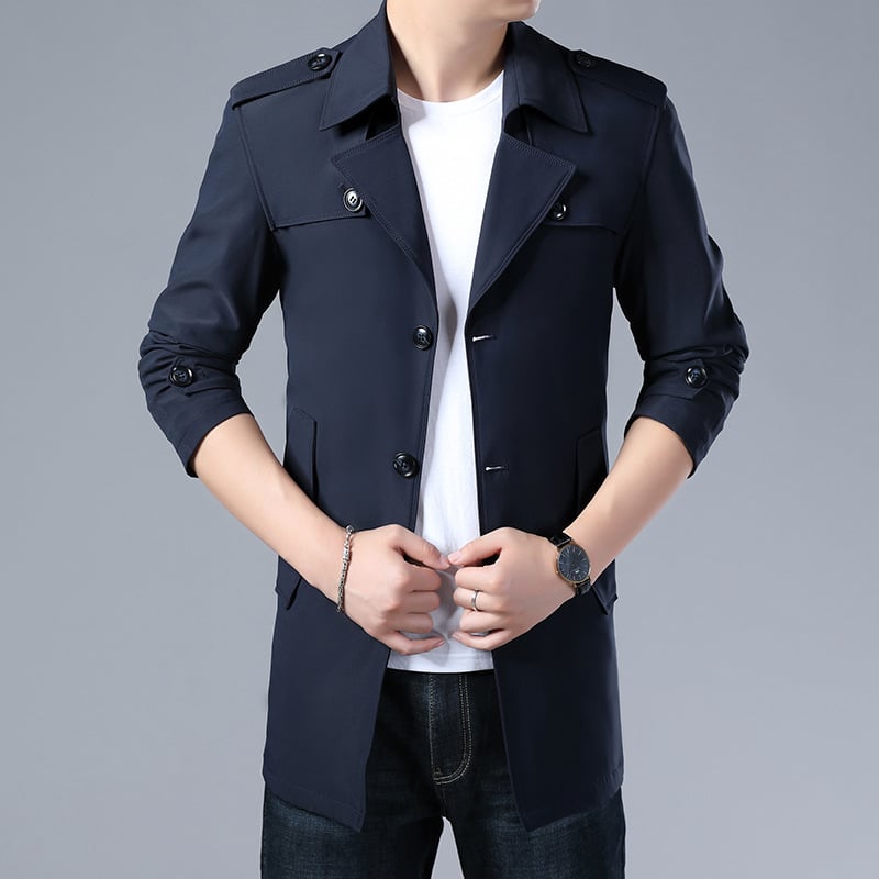 Men's Classic Slim Trench Coat with Buttons