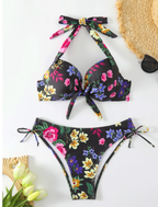 Tropical Print Bandeau Bikini Set with Tassels