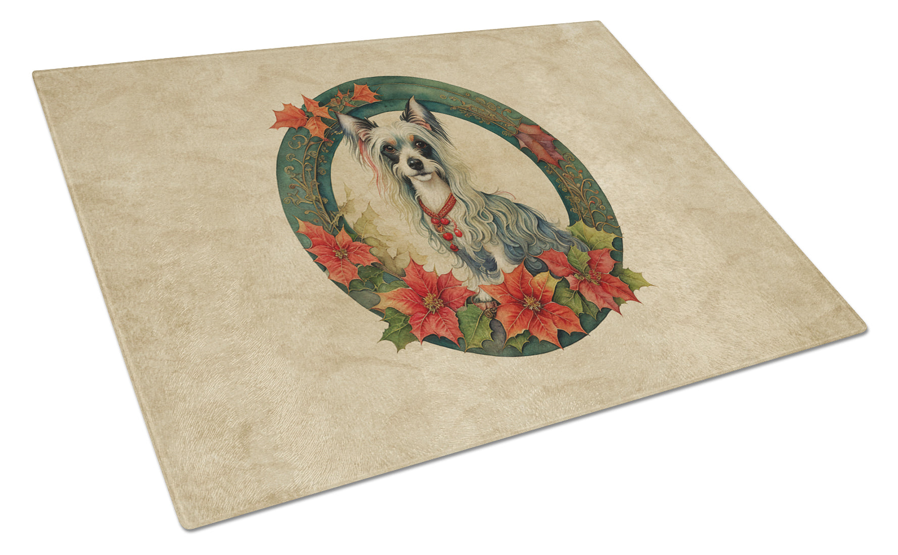 Chinese Crested Christmas Flowers Glass Cutting Board