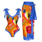 Retro Bird Print Two-Piece Swimsuit with Cover-Up