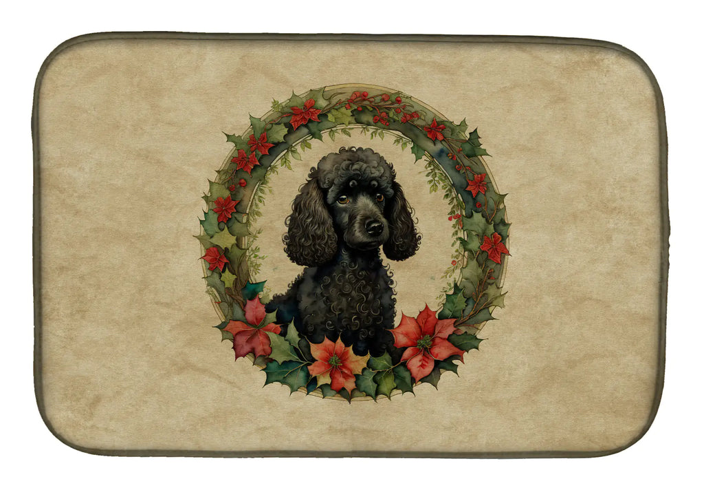 Poodle Christmas Flowers Dish Drying Mat