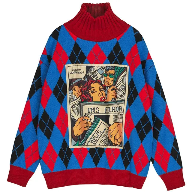 Vintage Argyle Plaid Sweater with Cartoon Pattern for Women