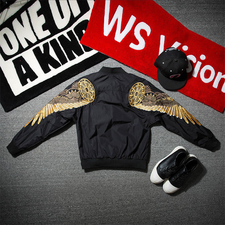Men's Spring Hip Hop Gold Wings Embroidered Bomber Jacket
