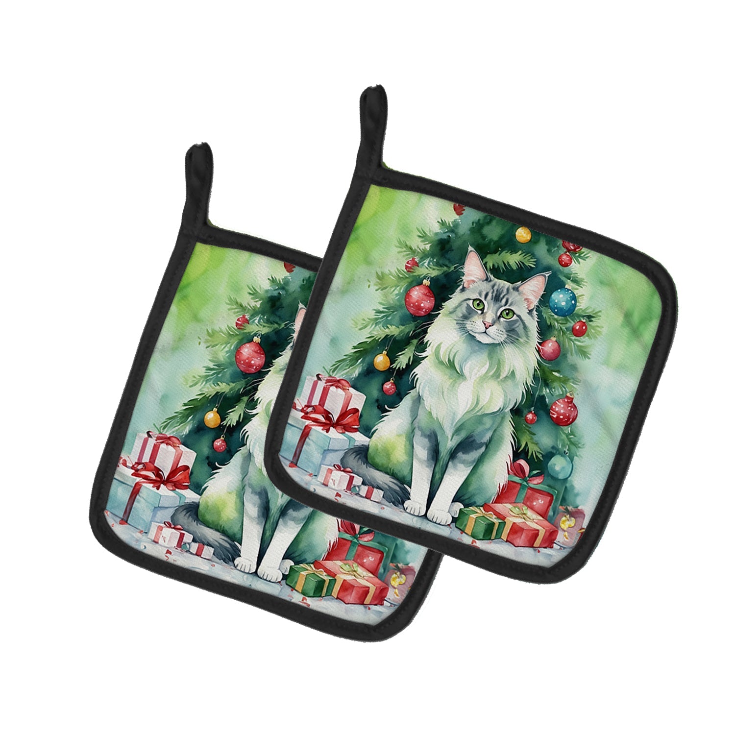 Oriental Longhair Cat By the Christmas Tree Pair of Pot Holders