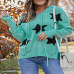 Hooded Drawstring Printed Knitted Pullover for Women | Streetwear