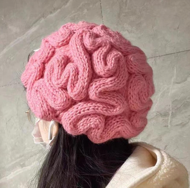 Pink Knitted Wool Hat for Women | Embroidered Cap