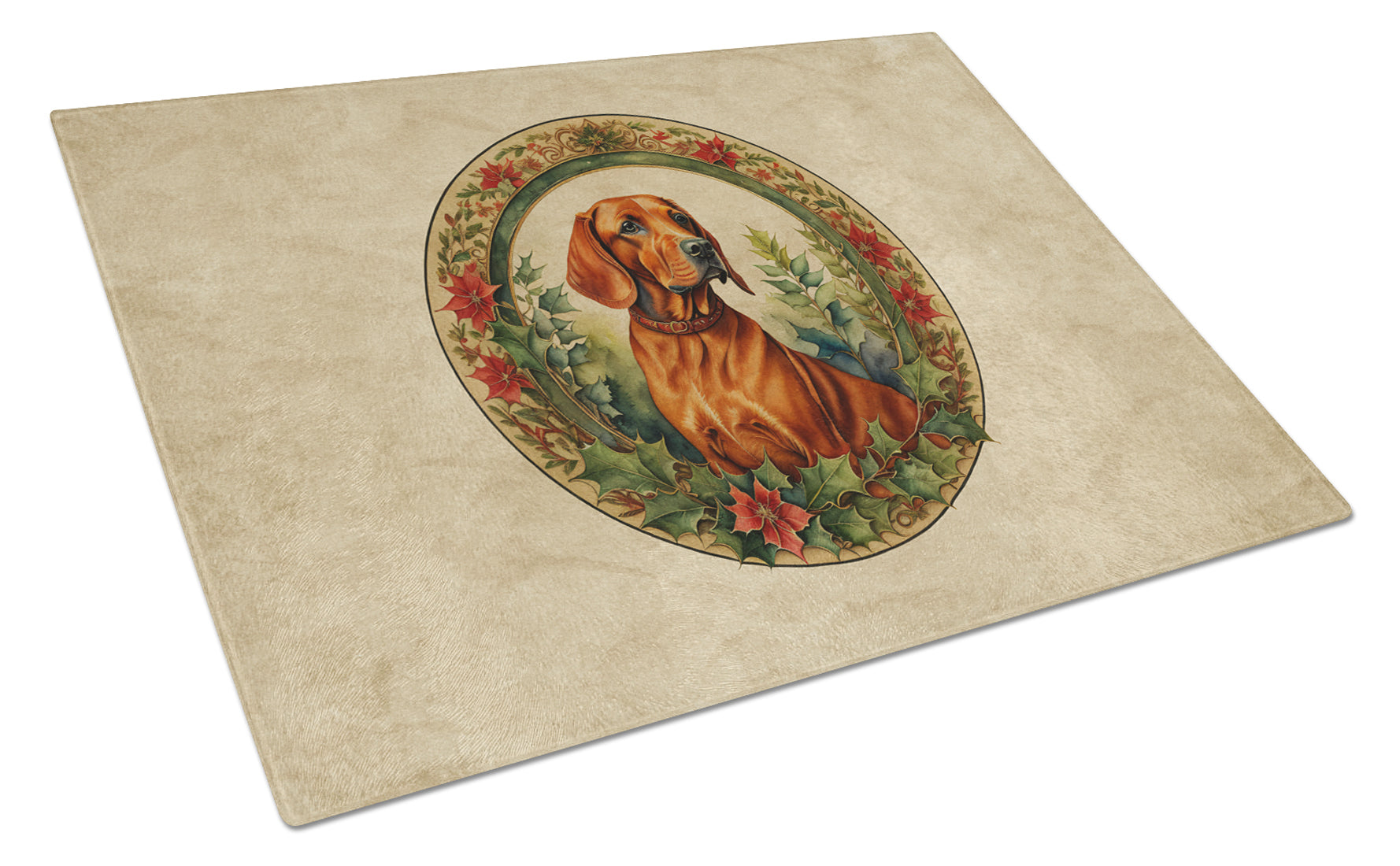 Red Redbone Coonhound Christmas Flowers Glass Cutting Board