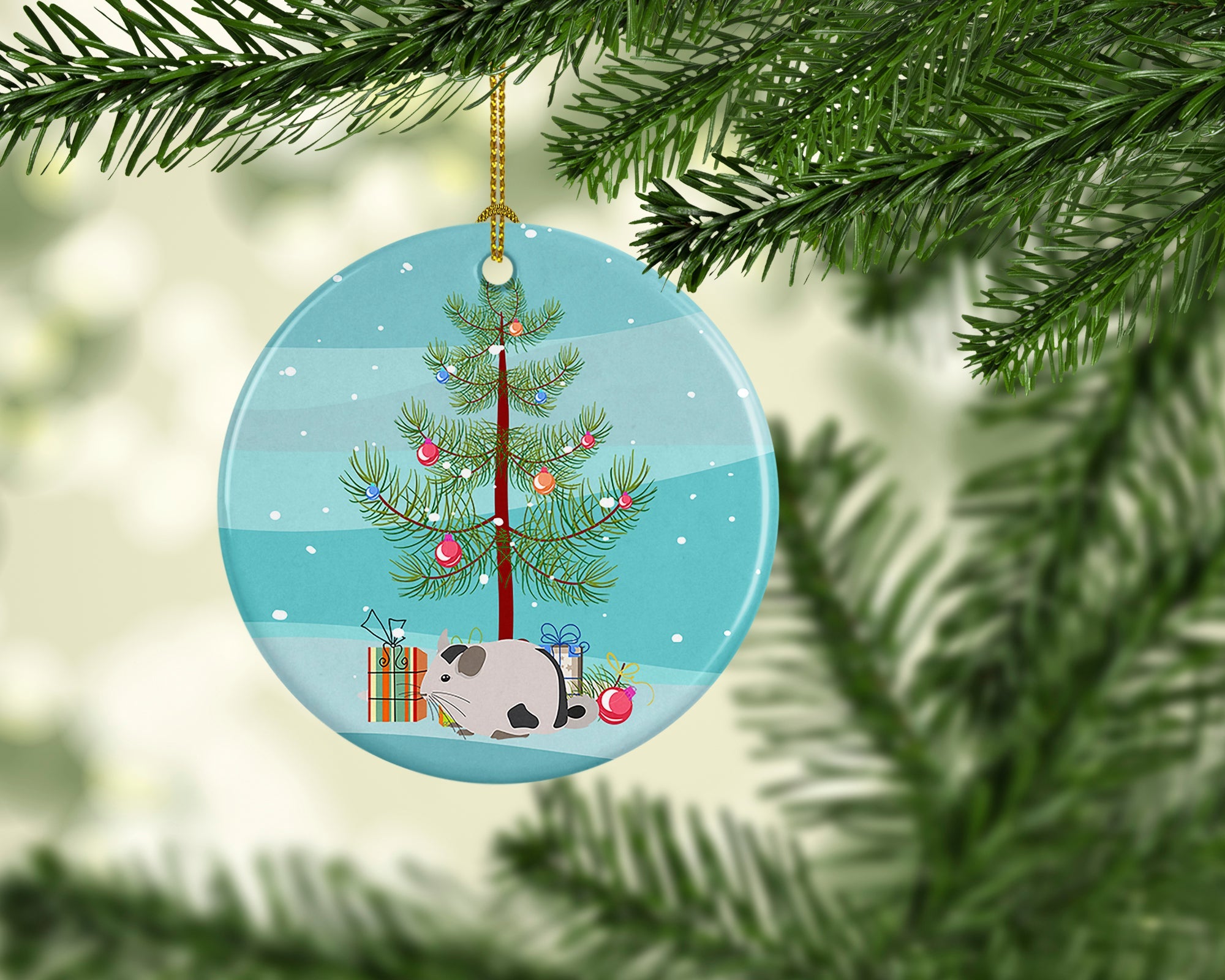 Mosaic Chinchilla Merry Christmas Ceramic Ornament