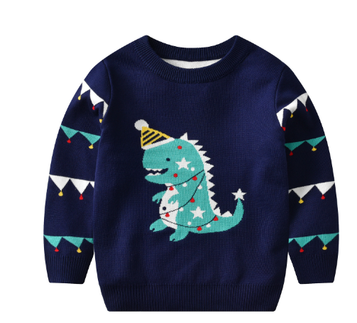 Christmas Dinosaur Jacquard Double Padded Sweater