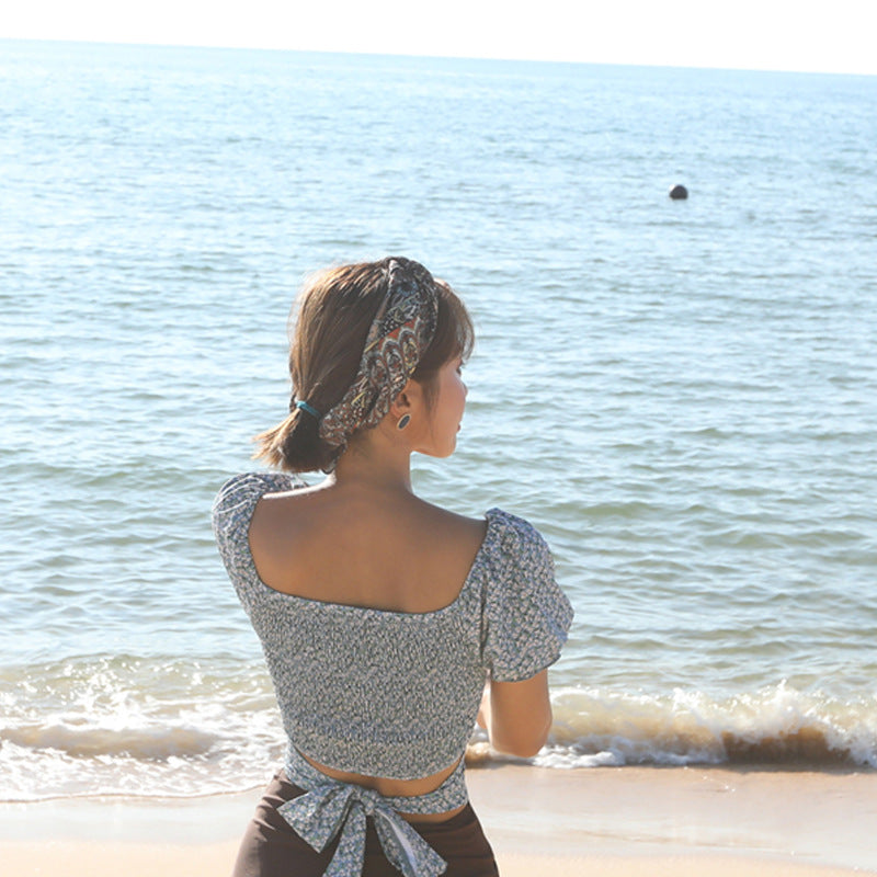 Ins Style Floral Short Sleeve High Waist Bikini Set