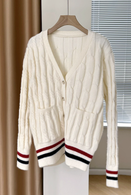 Plus Size V-Neck Contrast Color Cotton Cardigan Sweater