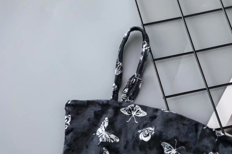 Black Velvet Butterfly Print Slim Fit Cami Dress