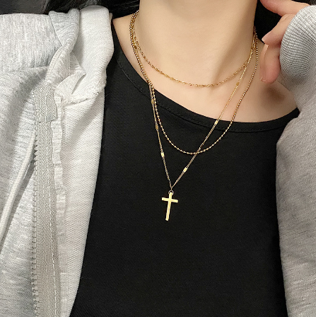 Double Layer Gold Cross Pendant Necklace - Christian Jewelry