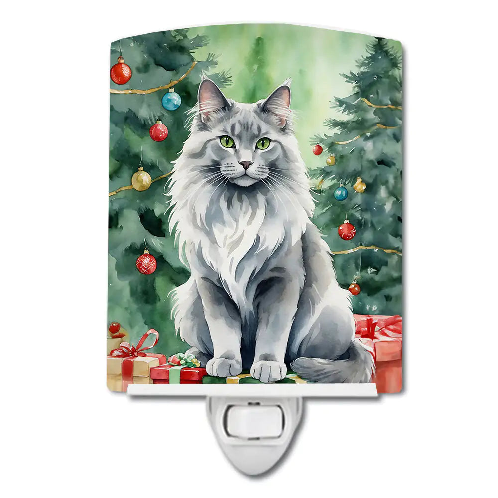 Nebelung Cat By the Christmas Tree Ceramic Night Light