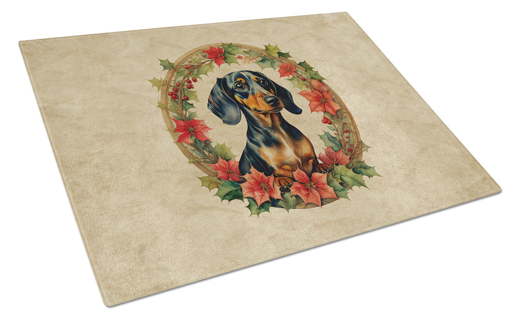 Dachshund Christmas Flowers Glass Cutting Board