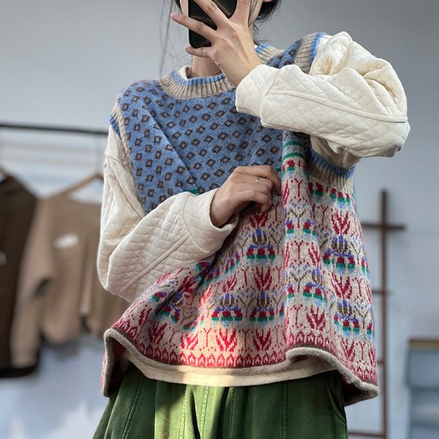 Artsy Fresh Knit Sweater with Jacquard Pullover Vest