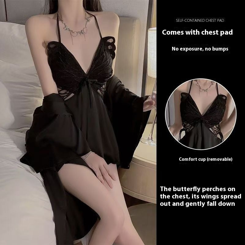 Satin Bowknot Lingerie Set with Chest Pad