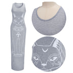 Sleeveless Gray Long Dress with Cat Print