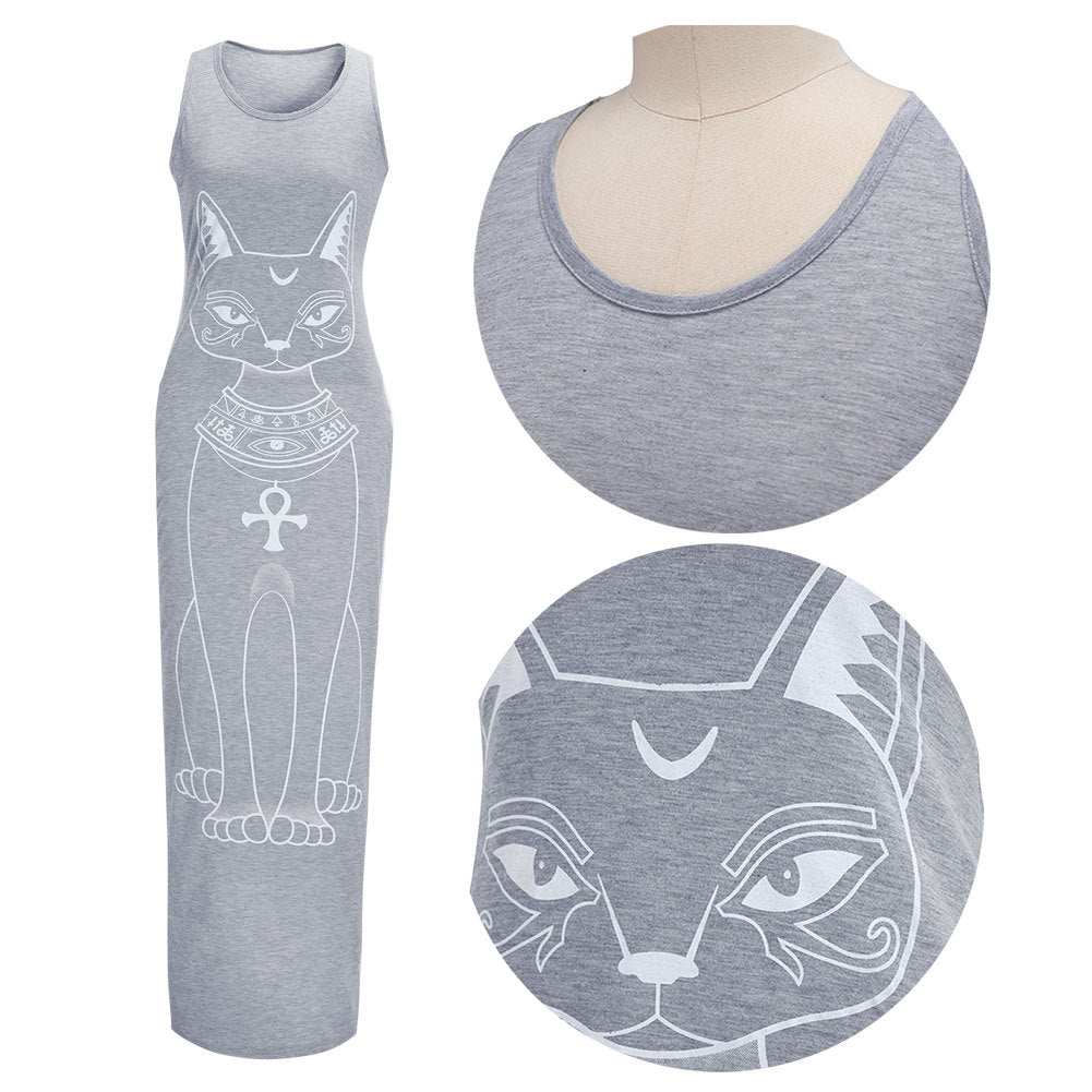 Sleeveless Gray Long Dress with Cat Print