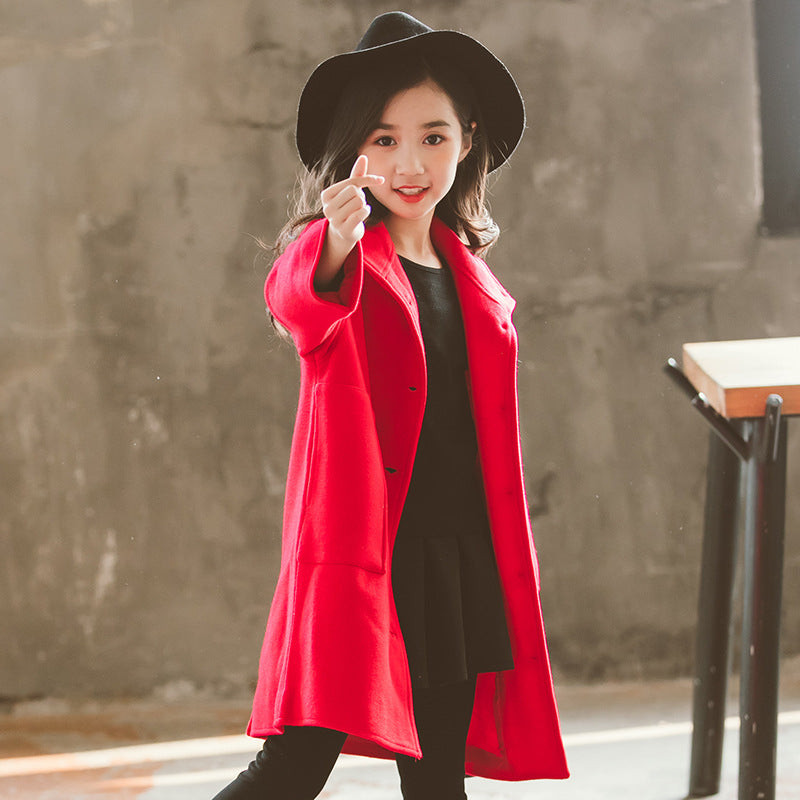 Korean Mid-Length Children's Woolen Coat for Winter