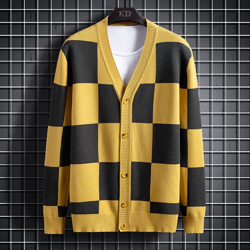 Plaid Men's Knitted Sweater Cardigan for Spring Autumn