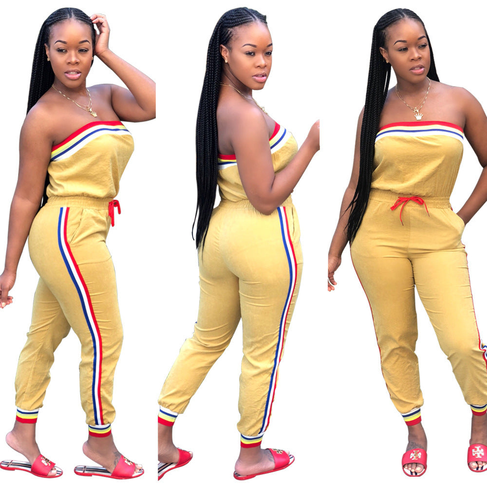 Striped Corset Jumpsuit with Waist Tie (One Piece)