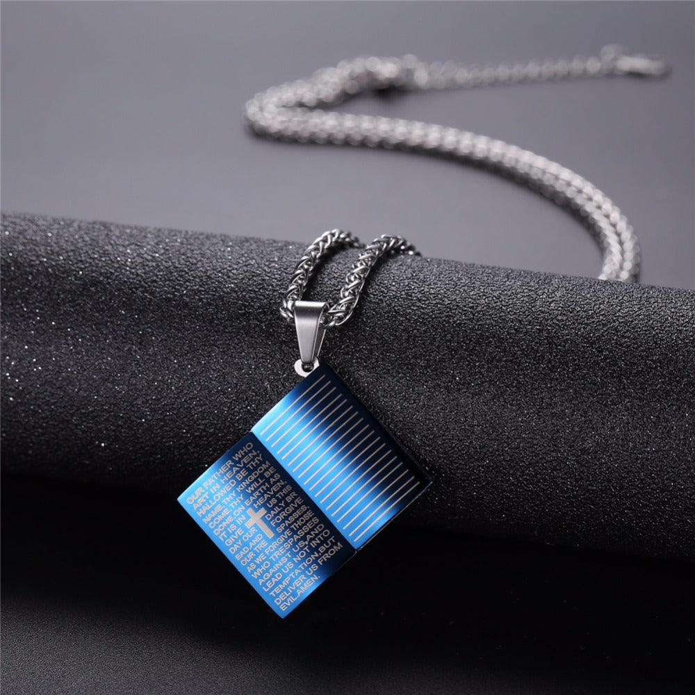Lord's Prayer Cross Pendant Necklace - Stainless Steel Christian Jewelry