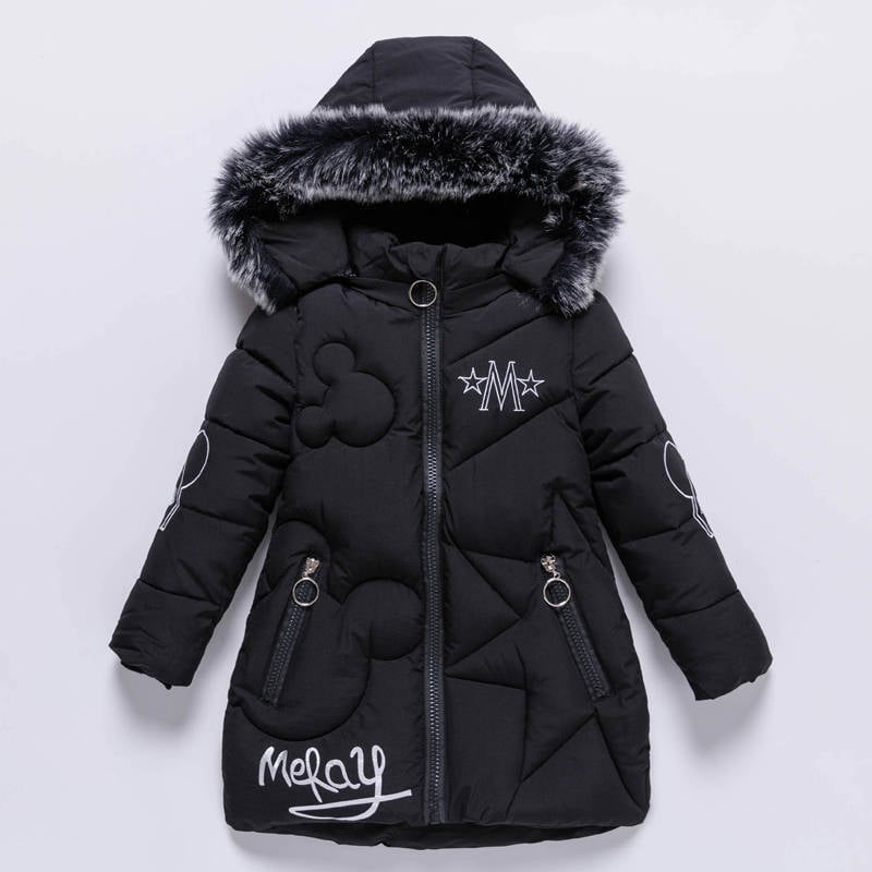 Thickened Mid-length Girl's Cotton-padded Jacket with Fur Collar