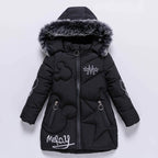 Thickened Mid-length Girl's Cotton-padded Jacket with Fur Collar