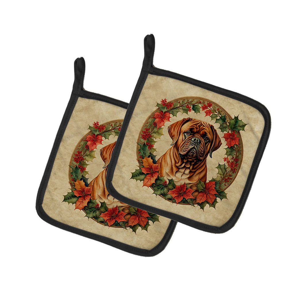 Dogue de Bordeaux Christmas Flowers Pair of Pot Holders