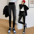 Fleece-lined Thick Matte Leather Pants for Women