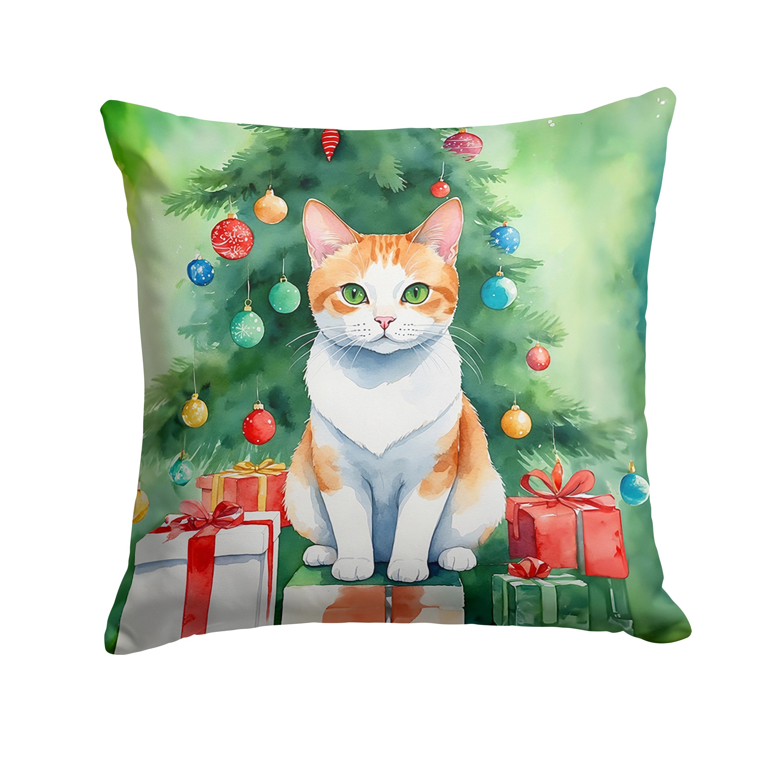 Japanese Bobtail Cat By the Christmas Tree Throw Pillow