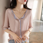 Loose V-Neck Mid-Sleeve Ice Silk Knit Cardigan