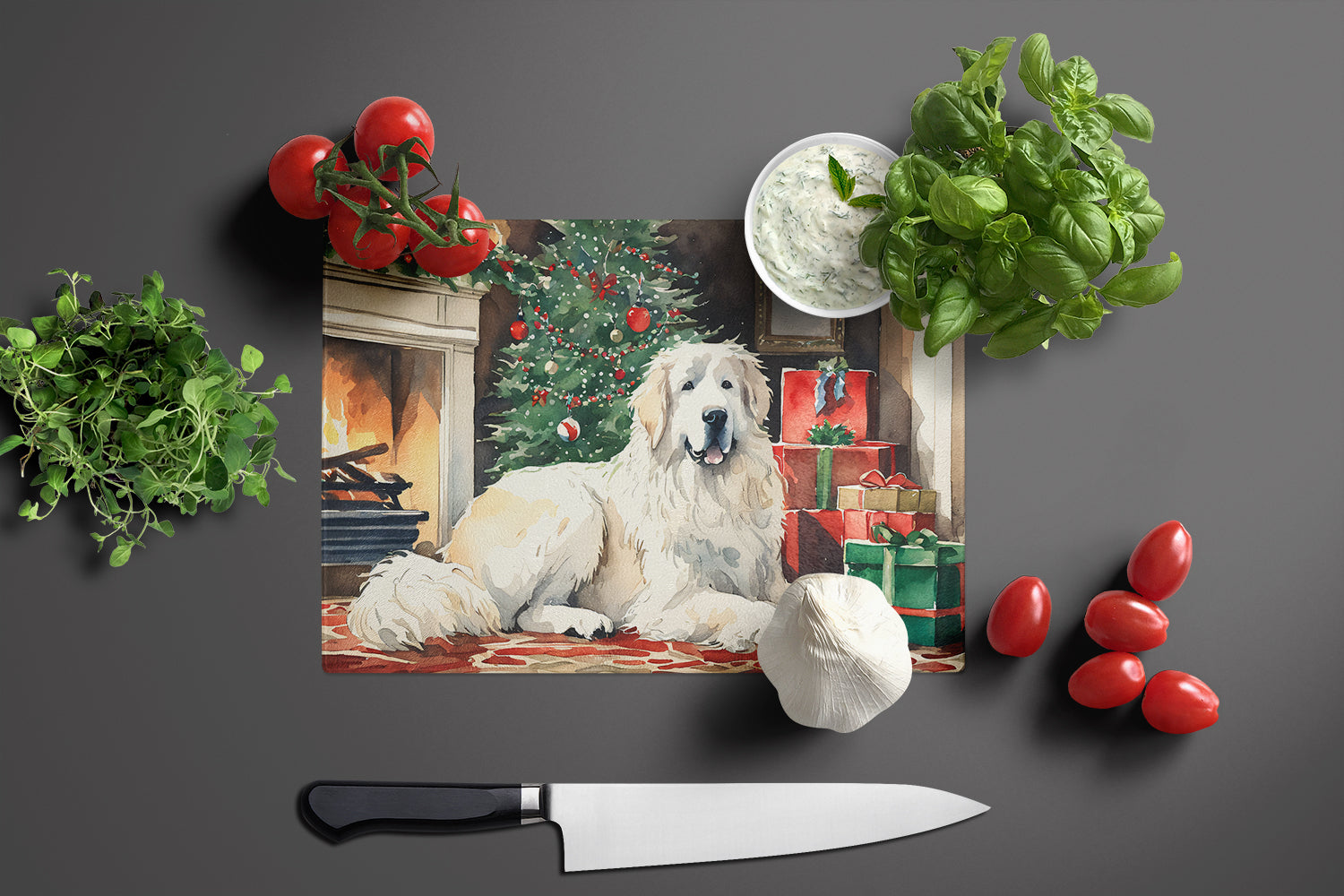 Great Pyrenees Cozy Christmas Glass Cutting Board