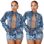 Denim Embroidered Skirt & Jacket Set