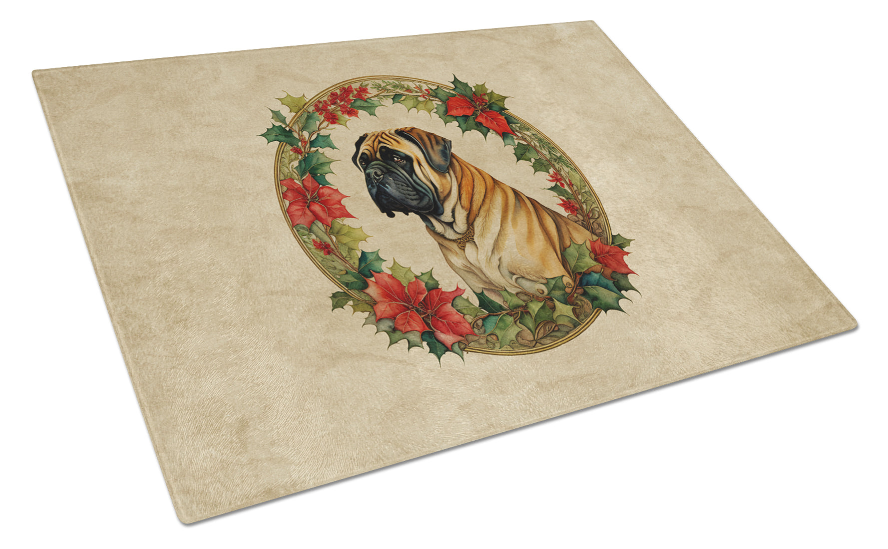 Mastiff Christmas Flowers Glass Cutting Board
