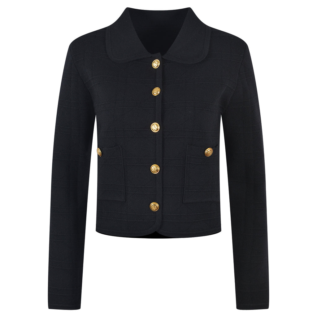 Embroidered Gold Button Long-Sleeve Sweater for Commuting