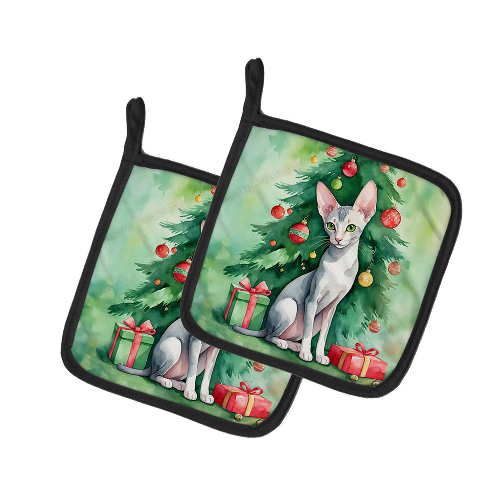 Oriental Shorthair Cat By the Christmas Tree Pair of Pot Holders