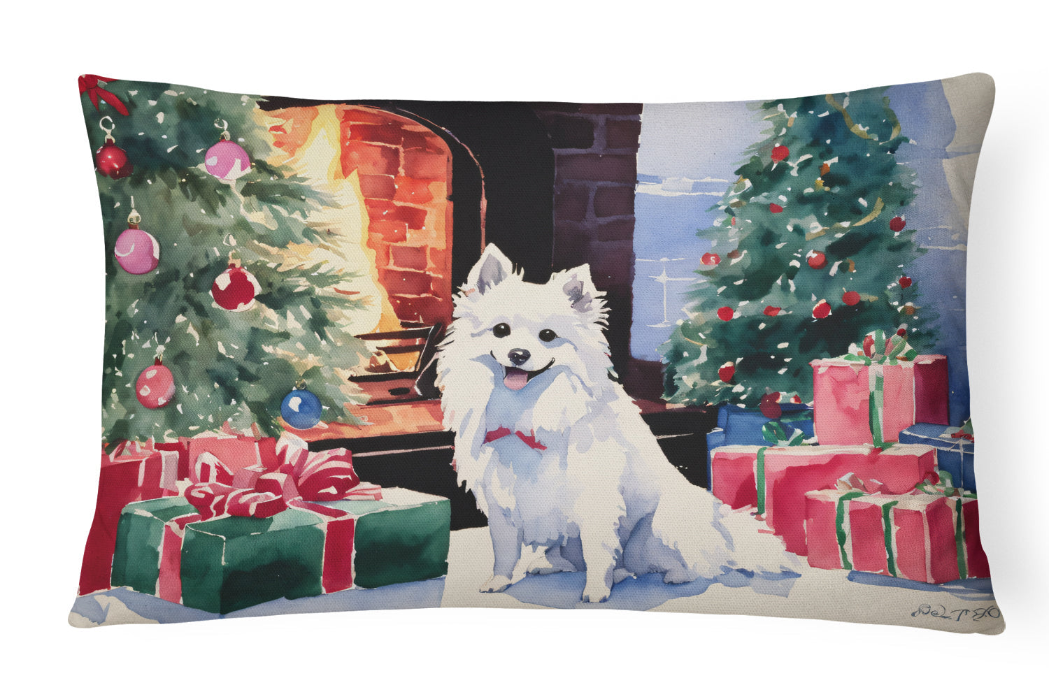 Japanese Spitz Cozy Christmas Throw Pillow