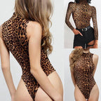 Leopard Print High-Neck Sleeveless Women's Bodysuit