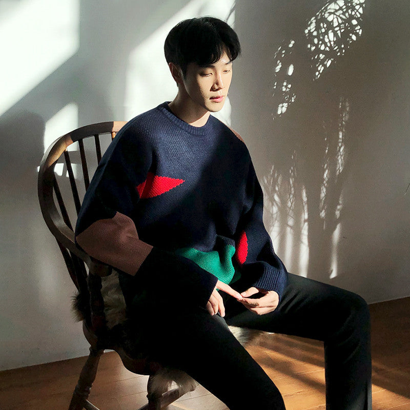 Thick Color-blocking Round Neck Loose Knit Sweater