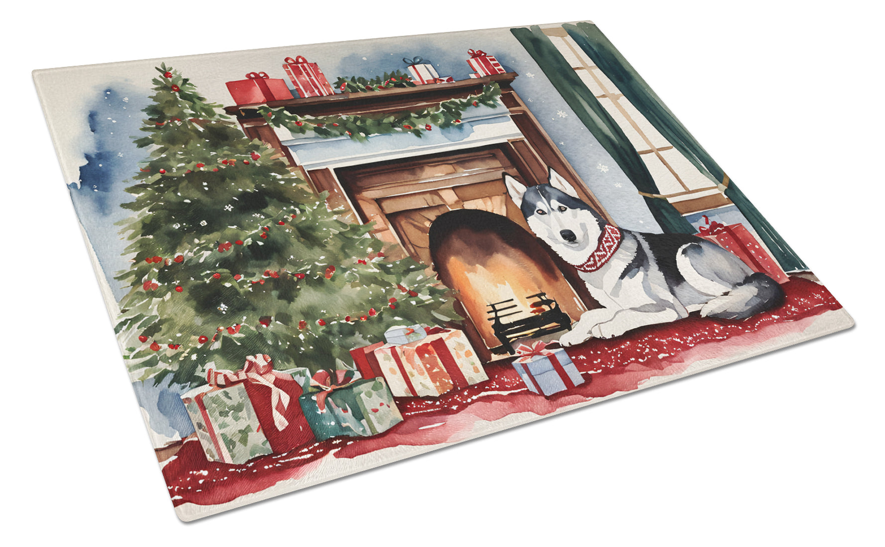 Siberian Husky Cozy Christmas Glass Cutting Board