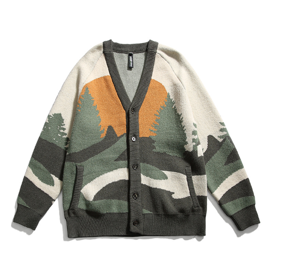 Men's V-neck Cardigan with Forest Landscape Print